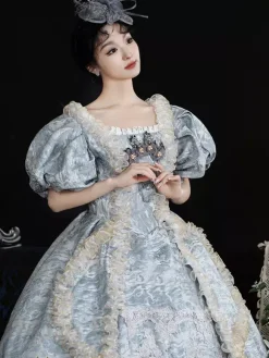 Costumes rétro bleu ciel clair pour femmes jacquard à volants dentelle polyester couvre-chef robe rétro costume Marie-Antoinette vêtements vintage