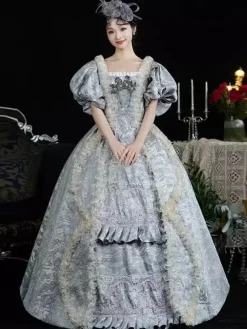 Costumes rétro bleu ciel clair pour femmes jacquard à volants dentelle polyester couvre-chef robe rétro costume Marie-Antoinette vêtements vintage
