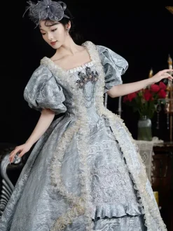 Costumes rétro bleu ciel clair pour femmes jacquard à volants dentelle polyester couvre-chef robe rétro costume Marie-Antoinette vêtements vintage