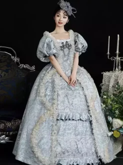 Costumes rétro bleu ciel clair pour femmes jacquard à volants dentelle polyester couvre-chef robe rétro costume Marie-Antoinette vêtements vintage