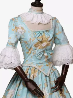 Costumes rétro bleu ciel clair n艙uds robe à imprimé floral en polyester Costume Marie Antoinette femme tunique royale robe de bal mascarade