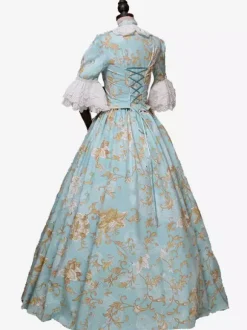 Costumes rétro bleu ciel clair n艙uds robe à imprimé floral en polyester Costume Marie Antoinette femme tunique royale robe de bal mascarade