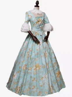 Costumes rétro bleu ciel clair n艙uds robe à imprimé floral en polyester Costume Marie Antoinette femme tunique royale robe de bal mascarade