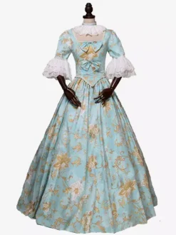 Costumes rétro bleu ciel clair n艙uds robe à imprimé floral en polyester Costume Marie Antoinette femme tunique royale robe de bal mascarade