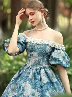 Costumes Rétro Bleu Ciel Clair Robe À Imprimé Floral Femmes Costume Gothique Marie Antoinette Costume Du 18ème Siècle