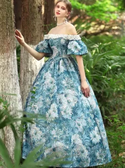 Costumes Rétro Bleu Ciel Clair Robe À Imprimé Floral Femmes Costume Gothique Marie Antoinette Costume Du 18ème Siècle
