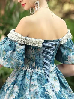 Costumes Rétro Bleu Ciel Clair Robe À Imprimé Floral Femmes Costume Gothique Marie Antoinette Costume Du 18ème Siècle