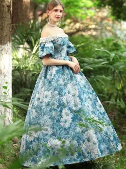 Costumes Rétro Bleu Ciel Clair Robe À Imprimé Floral Femmes Costume Gothique Marie Antoinette Costume Du 18ème Siècle