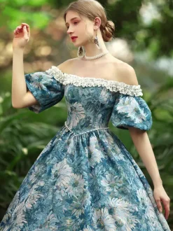Costumes Rétro Bleu Ciel Clair Robe À Imprimé Floral Femmes Costume Gothique Marie Antoinette Costume Du 18ème Siècle