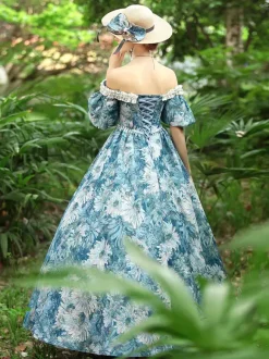 Costumes Rétro Bleu Ciel Clair Robe À Imprimé Floral Femmes Costume Gothique Marie Antoinette Costume Du 18ème Siècle