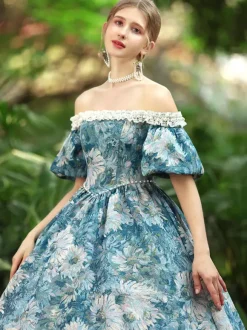 Costumes Rétro Bleu Ciel Clair Robe À Imprimé Floral Femmes Costume Gothique Marie Antoinette Costume Du 18ème Siècle