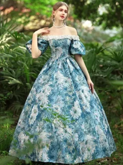Costumes Rétro Bleu Ciel Clair Robe À Imprimé Floral Femmes Costume Gothique Marie Antoinette Costume Du 18ème Siècle
