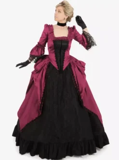 Costumes rétro bordeaux Robe en polyester en dentelle Tunique rétro femme Marie Antoinette Costume Party Robe de bal Bourgogne