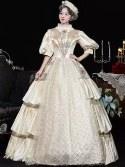 Costumes rétro champagne fleurs polyester imprimé floral robe de costume Marie Antoinette vêtements rétro vintage pour femmes