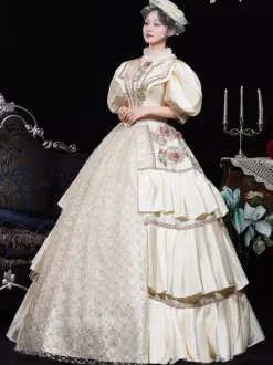 Costumes rétro champagne fleurs polyester imprimé floral robe de costume Marie Antoinette vêtements rétro vintage pour femmes