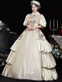 Costumes rétro champagne fleurs polyester imprimé floral robe de costume Marie Antoinette vêtements rétro vintage pour femmes