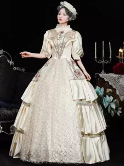 Costumes rétro champagne fleurs polyester imprimé floral robe de costume Marie Antoinette vêtements rétro vintage pour femmes