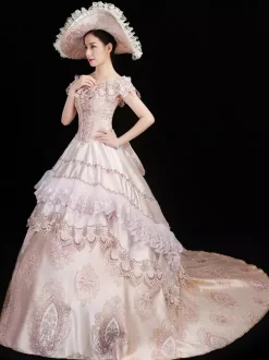Costumes rétro champagne pour femmes imprimé floral volants n艙uds costume Marie Antoinette ensemble en polyester robe chapeau robe de bal rétro