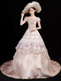 Costumes rétro champagne pour femmes imprimé floral volants n艙uds costume Marie Antoinette ensemble en polyester robe chapeau robe de bal rétro