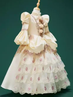 Costumes rétro champagne pour fille tunique en polyester à imprimé floral en dentelle avec chapeau style européen