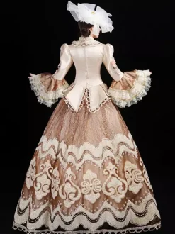 Costumes rétro champagne pour femmes ensemble en polyester à volants brodés robe chapeau costume rétro Marie-Antoinette robe de bal masqué