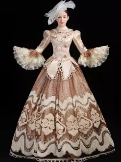 Costumes rétro champagne pour femmes ensemble en polyester à volants brodés robe chapeau costume rétro Marie-Antoinette robe de bal masqué