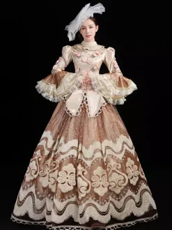 Costumes rétro champagne pour femmes ensemble en polyester à volants brodés robe chapeau costume rétro Marie-Antoinette robe de bal masqué
