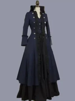 Costumes rétro marine foncé Robe tunique en polyester à volants pour femmes Costume Marie Antoinette Robe de soirée rétro
