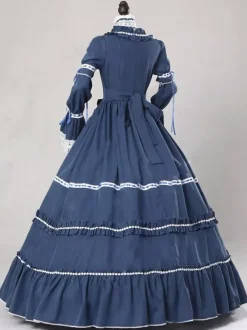 Costumes rétro marine foncé pour femmes robe ras du cou en Polyester avec n艙uds à lacets Costume rétro Marie Antoinette vêtements Vintage
