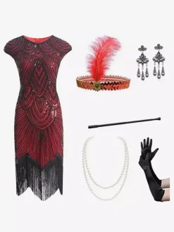 Costumes Rétro Noirs Femmes Ensemble Franges Paillettes Robe Vintage Marie Antoinette Robe De Bal Bourgogne