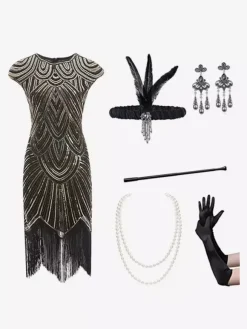Costumes Rétro Noirs Femmes Ensemble Franges Paillettes Robe Vintage Marie Antoinette Robe De Bal Bourgogne
