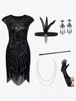 Costumes Rétro Noirs Femmes Ensemble Franges Paillettes Robe Vintage Marie Antoinette Robe De Bal Bourgogne