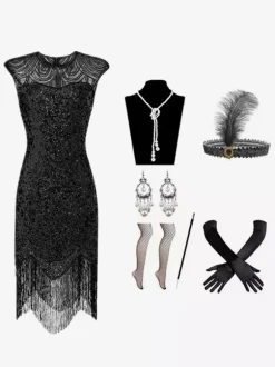 Costumes Rétro Noirs Paillettes Accessoire Robe Marie Antoinette Ensemble Vintage Femme