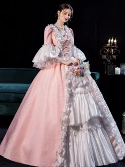 Costumes rétro roses Opéra femmes drapage latéral robe de costume plissée Marie-Antoinette vêtements vintage de Style européen