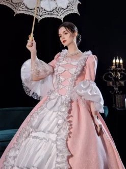 Costumes rétro roses Opéra femmes drapage latéral robe de costume plissée Marie-Antoinette vêtements vintage de Style européen