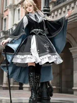 Costumes Uniforme militaire Lolita Armée Croix Détails métalliques Plumes Noir Noir