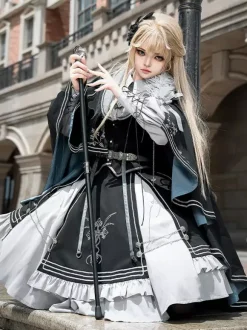 Costumes Uniforme militaire Lolita Armée Croix Détails métalliques Plumes Noir Noir