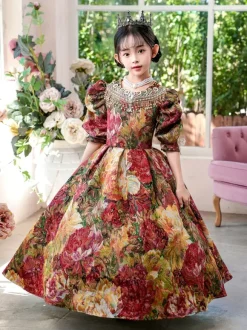 Costumes victoriens rococo Robe à imprimé floral coloré Robe rétro pour fille