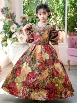 Costumes victoriens rococo Robe à imprimé floral coloré Robe rétro pour fille
