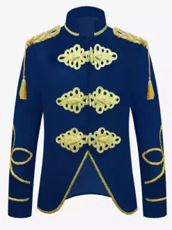 Costumes Vintage Bleu Foncé Haut Boutons Polyester Manches Longues Costumes Rétro Pour Homme