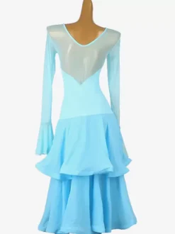 Costumes de danse de salon bleu ciel clair femmes Sexy Lycra Spandex robe à plusieurs niveaux vêtements de danse