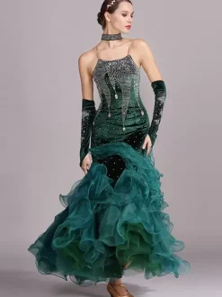 Costumes de danse de salon bordeaux femmes robe en Polyester à bretelles Sexy en dentelle et strass