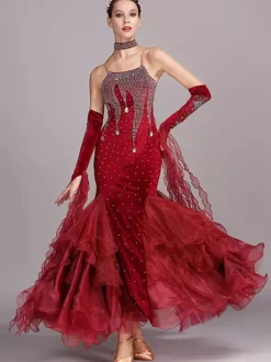 Costumes de danse de salon bordeaux femmes robe en Polyester à bretelles Sexy en dentelle et strass