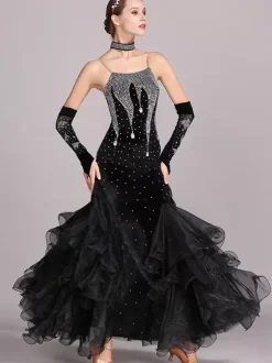 Costumes de danse de salon bordeaux femmes robe en Polyester à bretelles Sexy en dentelle et strass
