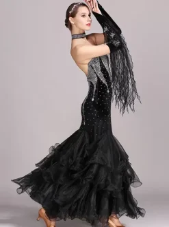 Costumes de danse de salon bordeaux femmes robe en Polyester à bretelles Sexy en dentelle et strass