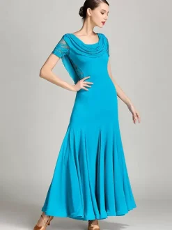 Costumes de danse de salon bordeaux pour femmes robe élégante transparente en Polyester col bénitier à volants en dentelle robe de danse plissée
