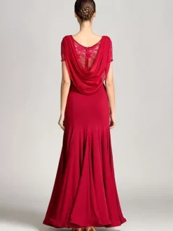 Costumes de danse de salon bordeaux pour femmes robe élégante transparente en Polyester col bénitier à volants en dentelle robe de danse plissée