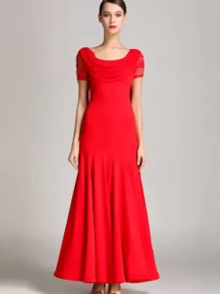 Costumes de danse de salon bordeaux pour femmes robe élégante transparente en Polyester col bénitier à volants en dentelle robe de danse plissée