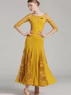 Costumes de danse de salon jaune pour femmes robe de danse transparente élégante