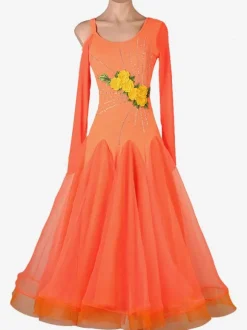 Costumes de danse de salon Robe Lycra Spandex Orange pour femmes Vêtements de danse